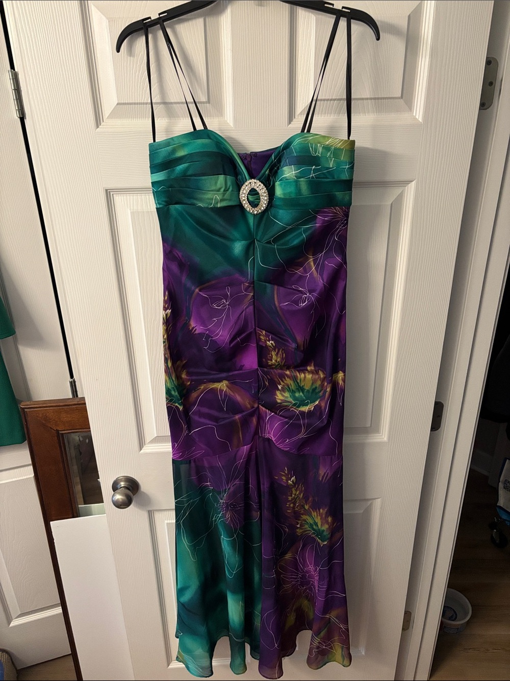 Strapless Floral Satin Evening Dress in Purple & Teal with Embellished Accent - Picture 2 of 6